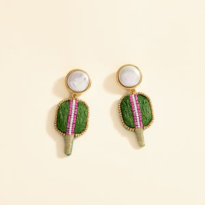 Embroidered Pickleball Racket Drop Earrings on Tan Background
