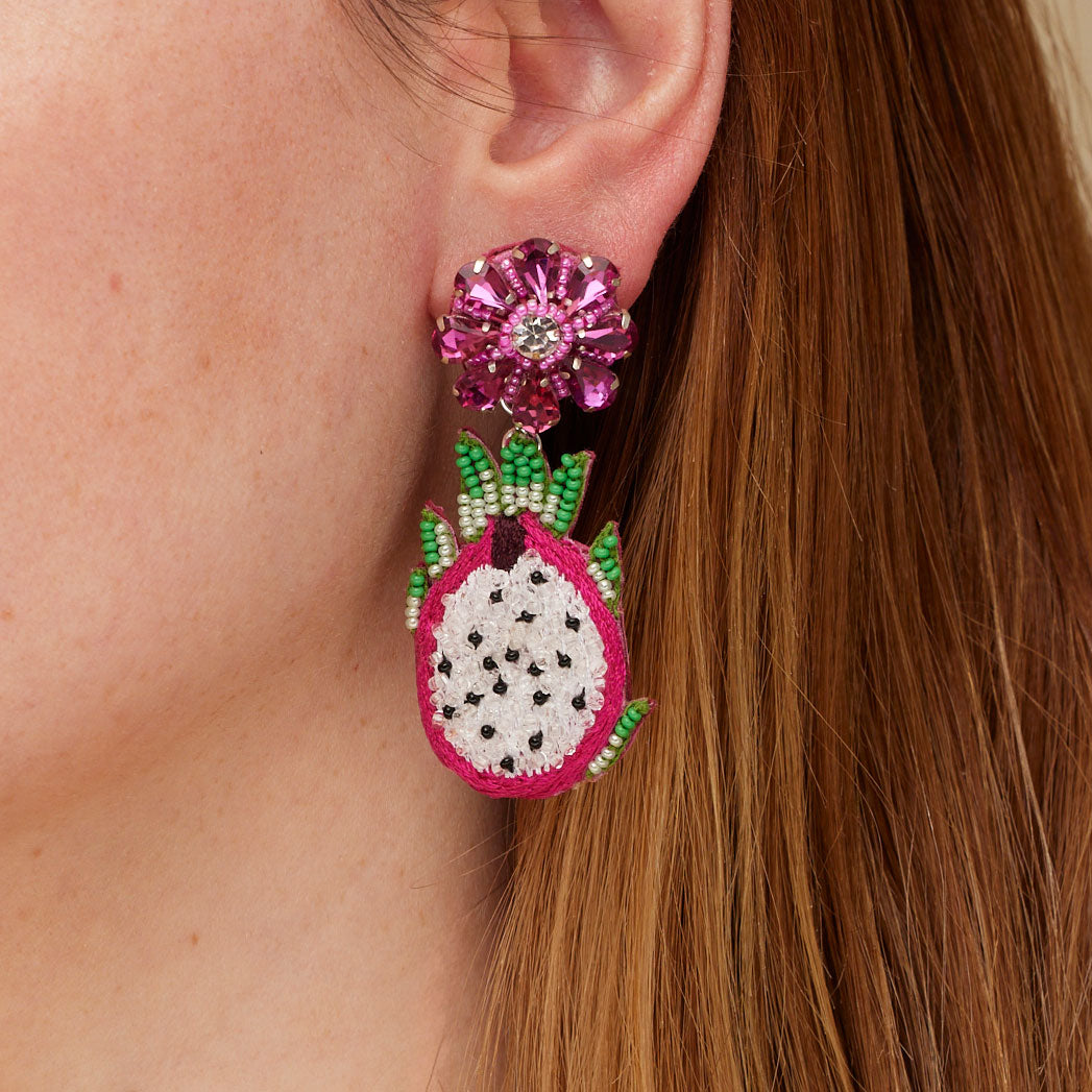 Pink, Green, and White Beaded Dragonfruit Double Drop Earrings Styled on Model