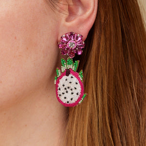 Pink, Green, and White Beaded Dragonfruit Double Drop Earrings Styled on Model