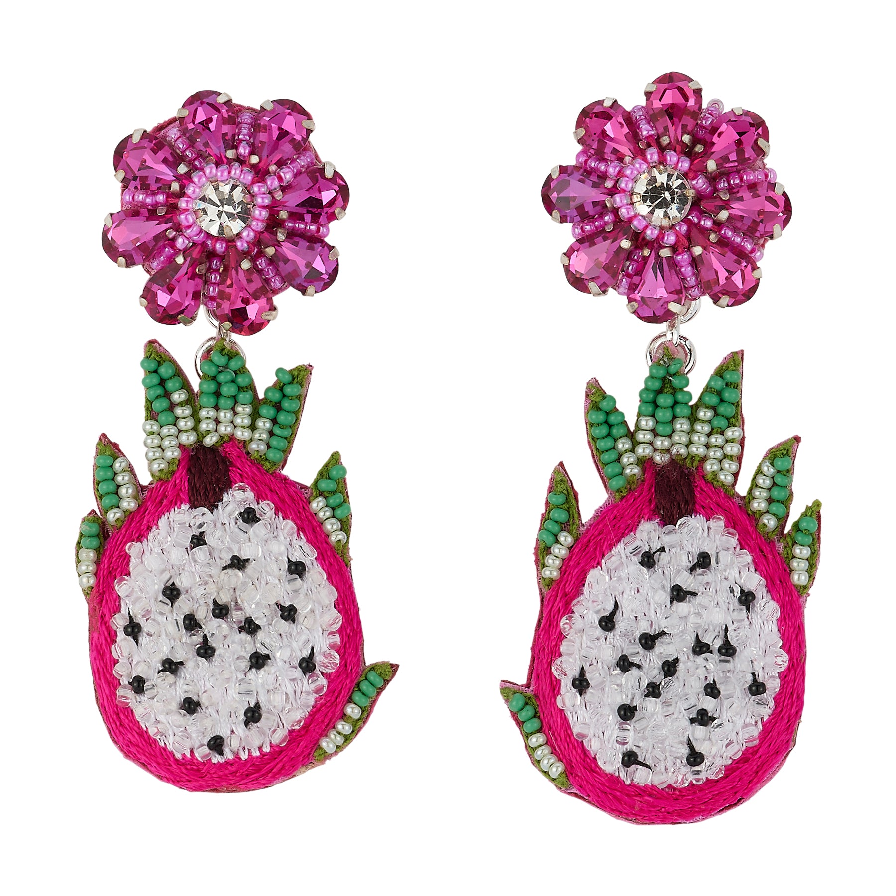 Pink, Green, and White Beaded Dragonfruit Double Drop Earrings on Flat White Background