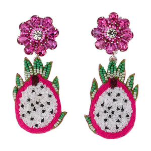 Pink, Green, and White Beaded Dragonfruit Double Drop Earrings on Flat White Background