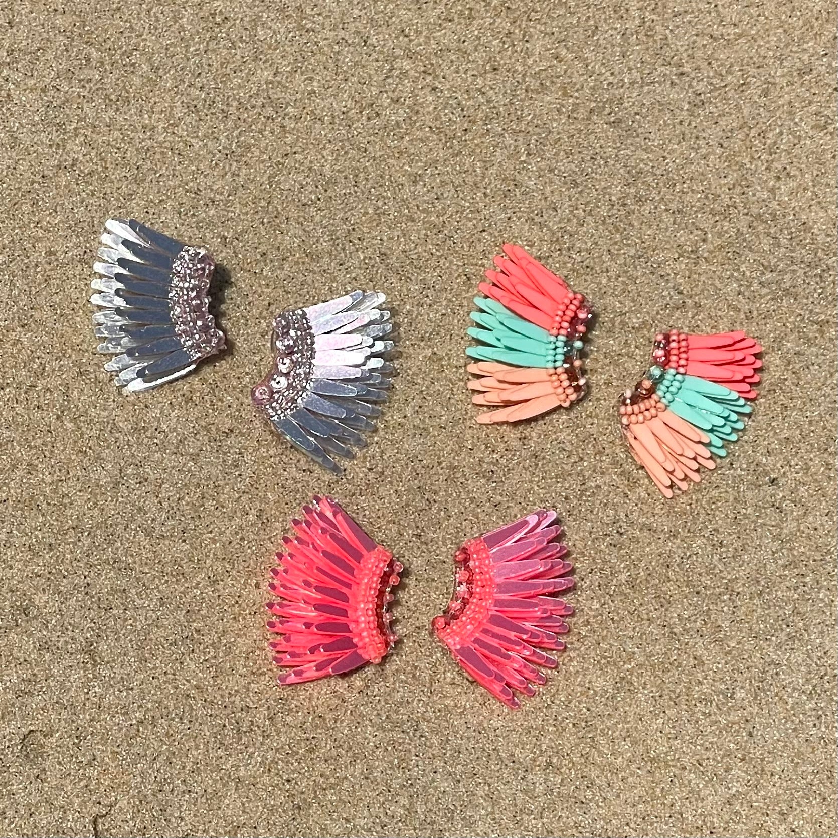 Pink, Silver Pink, and Pastel Color Block Sequin Wing Stud Earrings on Sand