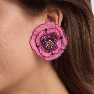 Purple Beaded and Embroidered Flower Studs on Model's Ear