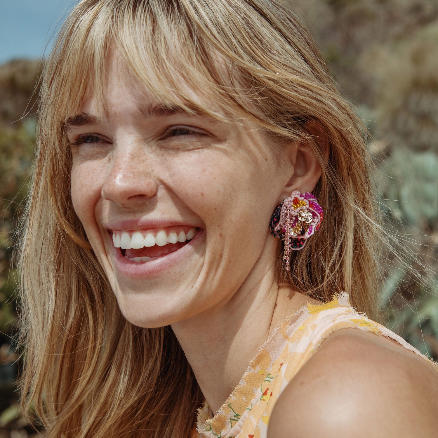 Pink and Grey Beaded and Embroidered Flower Stud Earrings Styled on Model