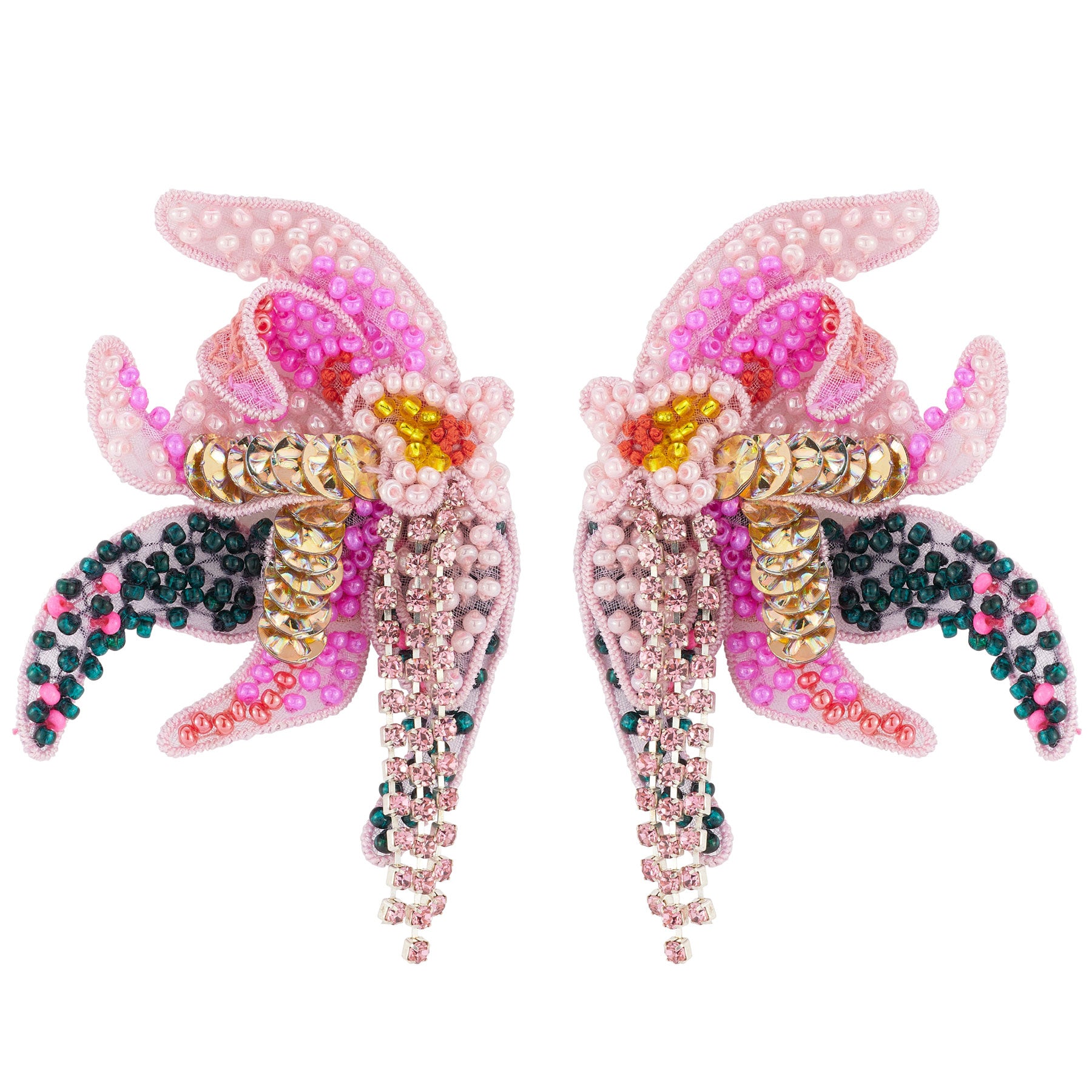 Pink and Grey Beaded and Embroidered Flower Stud Earrings on Flat White Background