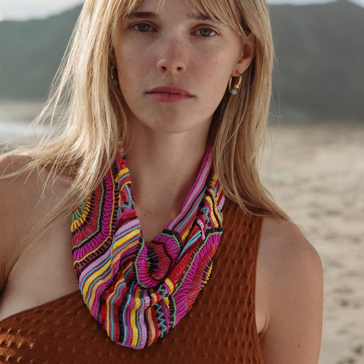 Pink and Multi-Colored Beaded Scarf Necklace Styled on Model
