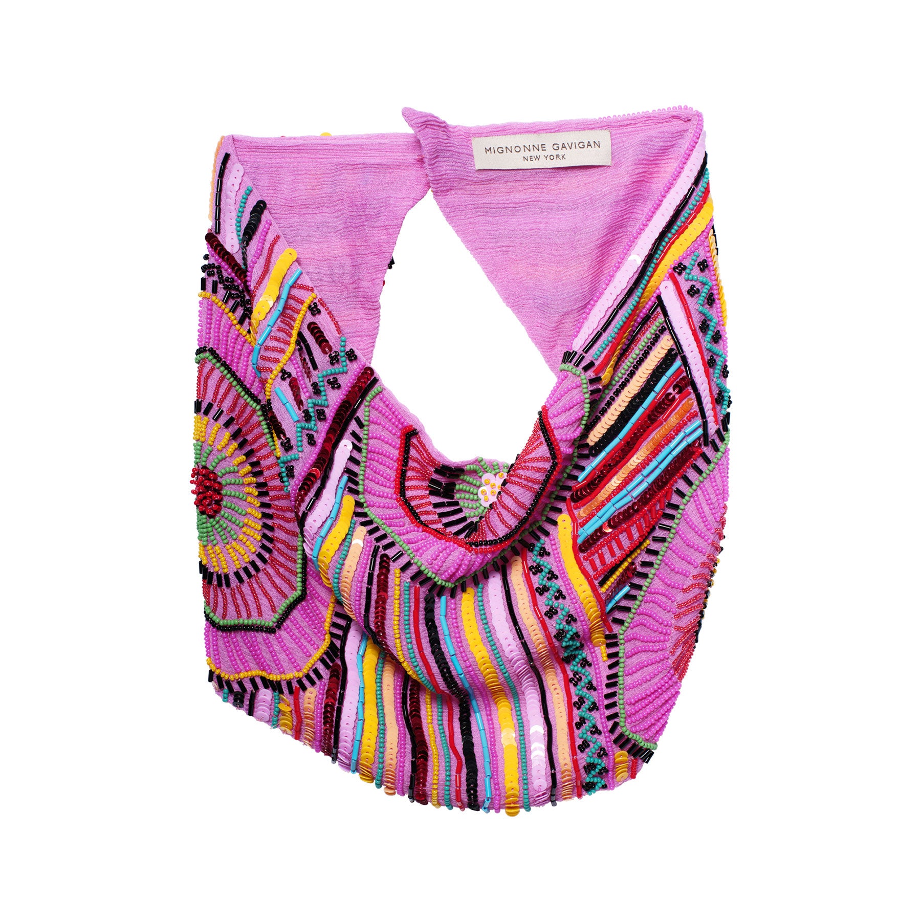 Pink and Multi-Colored Beaded Scarf Necklace on Flat White Background