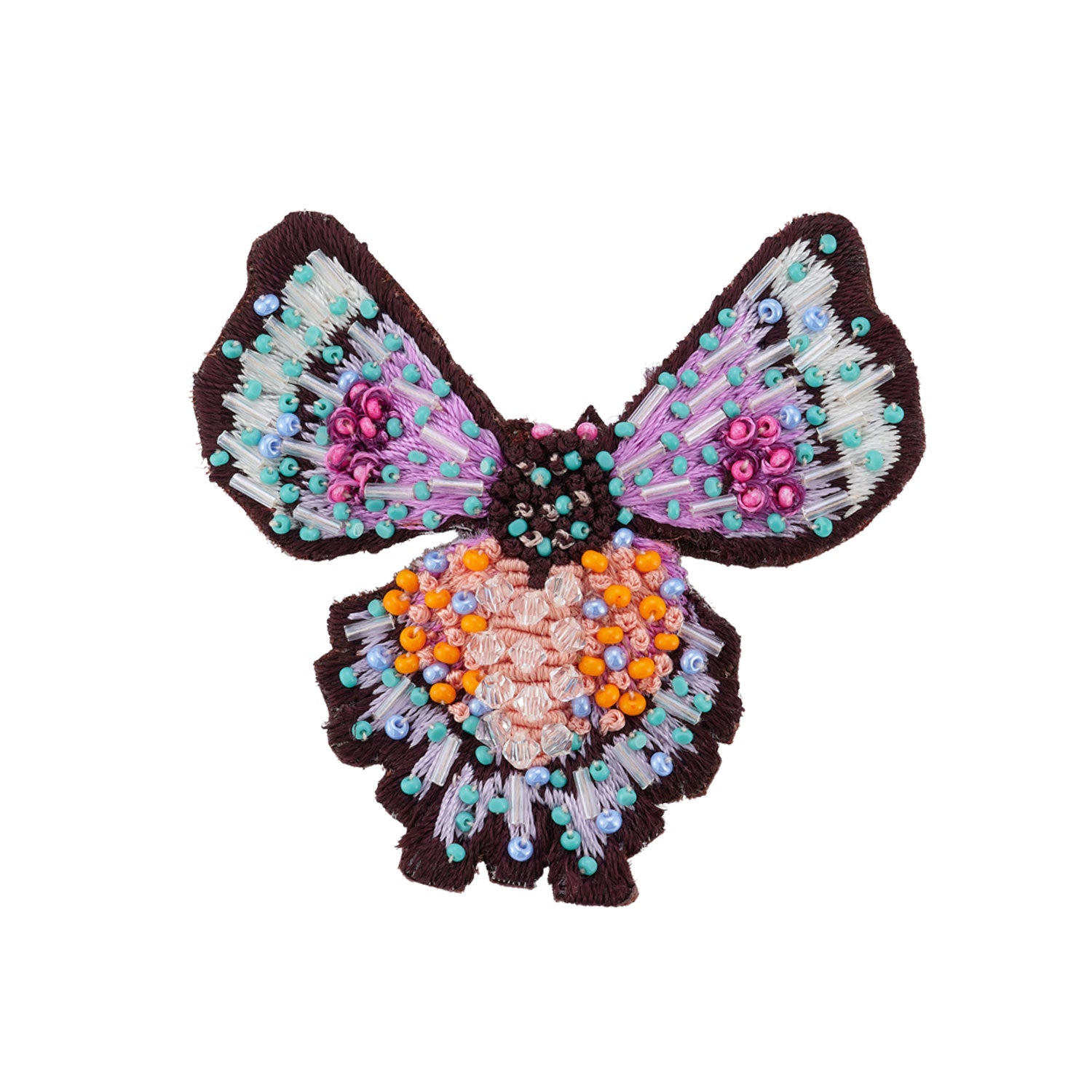 Pink, Black, Orange, and Blue Beaded and Embroidered Butterfly Brooch on Flat White Background