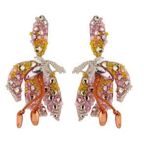 Orange and Pink Crystal and Bead Flower Drop Embroidered Statement Earrings on Flat White Background