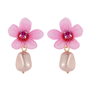Pink Flower Embroidered Earrings with Pink Pearl Drop on Flat White Background