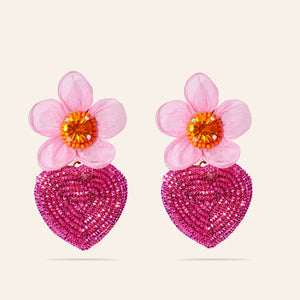 Pink Flower Drop Earrings with Metallic Pink Embroidered Heart on Cream Background