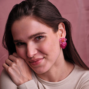 Pink Flower Drop Earrings with Metallic Pink Embroidered Heart Styled on Model