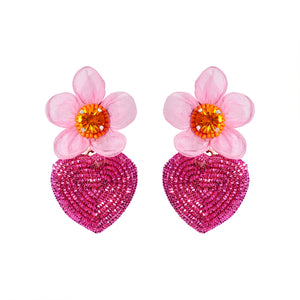 Pink Flower Drop Earrings with Metallic Pink Embroidered Heart on Flat White Background