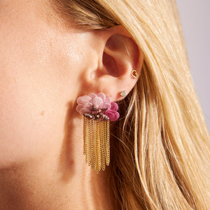 Pink Petal Topped Earrings with Pink Crystals and Gold Chain Stud Earrings Styled on Model's Ear