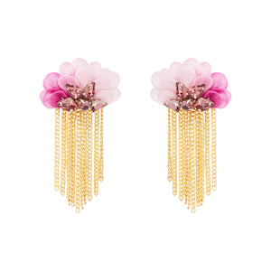 Pink Petal Topped Earrings with Pink Crystals and Gold Chain Stud Earrings on White Background