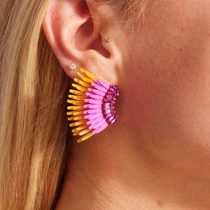 Yellow Orange and Pink Sequin and Crystal Wing Stud Earrings on Model's Ear