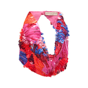 Pink Red and Blue Sequin and Beaded Scarf Necklace On Flat White Background