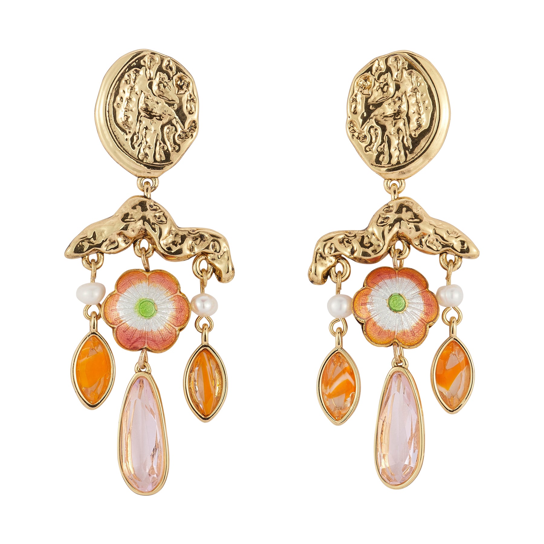 Crystal, Pearl, Bead, and Gold Chandelier Drop Earrings On Flat White Background