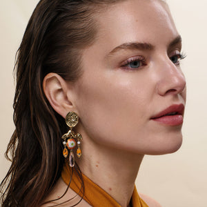 Crystal, Pearl, Bead, and Gold Chandelier Drop Earrings Styled on Model