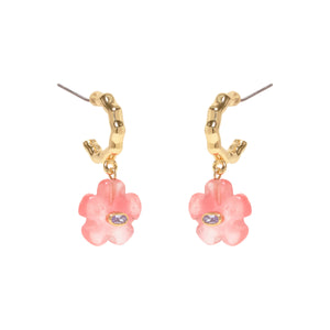 Pink Flower with Crystal Accent Gold Hoop Drop Earrings on Flat White Background