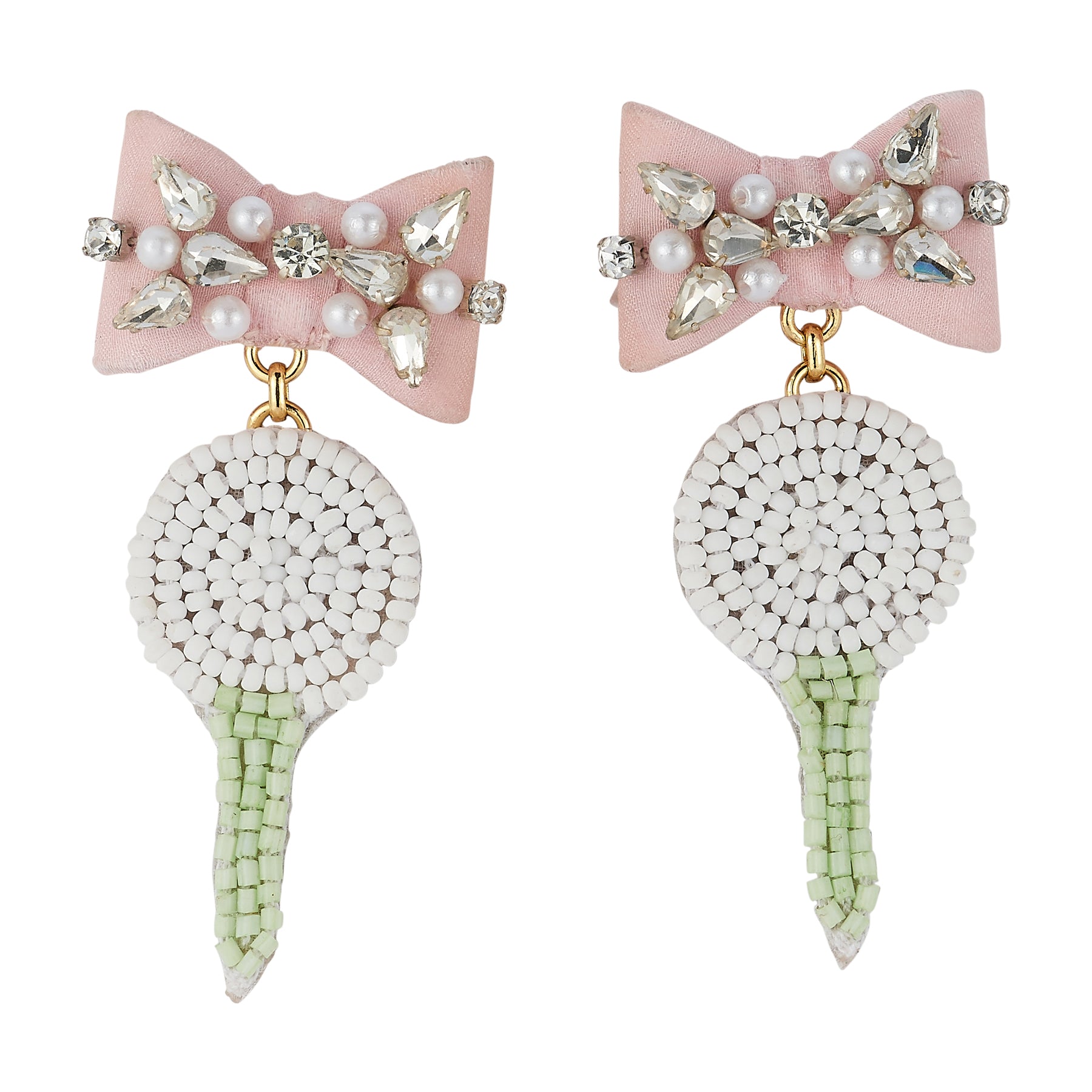 Pink, Green, and White Bead and Crystal Embroidered Bow and Golf Ball Double Drop Earrings on Flat White Background