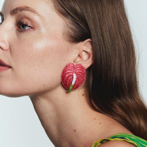 Pink, White, and Green Beaded and Embroidered Anthurium Flower Stud Earrings Styled on Model