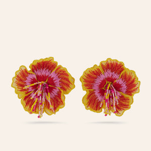 Pink, Yellow, and Red Embroidered Flower Stud Earrings on Tan Background