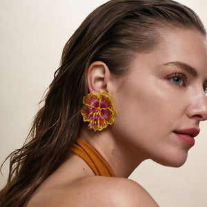 Pink, Yellow, and Red Embroidered Flower Stud Earrings Styled on Model