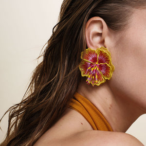 Pink, Yellow, and Red Embroidered Flower Stud Earrings Styled on Model