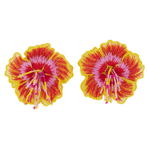 Pink, Yellow, and Red Embroidered Flower Stud Earrings on Flat White Background