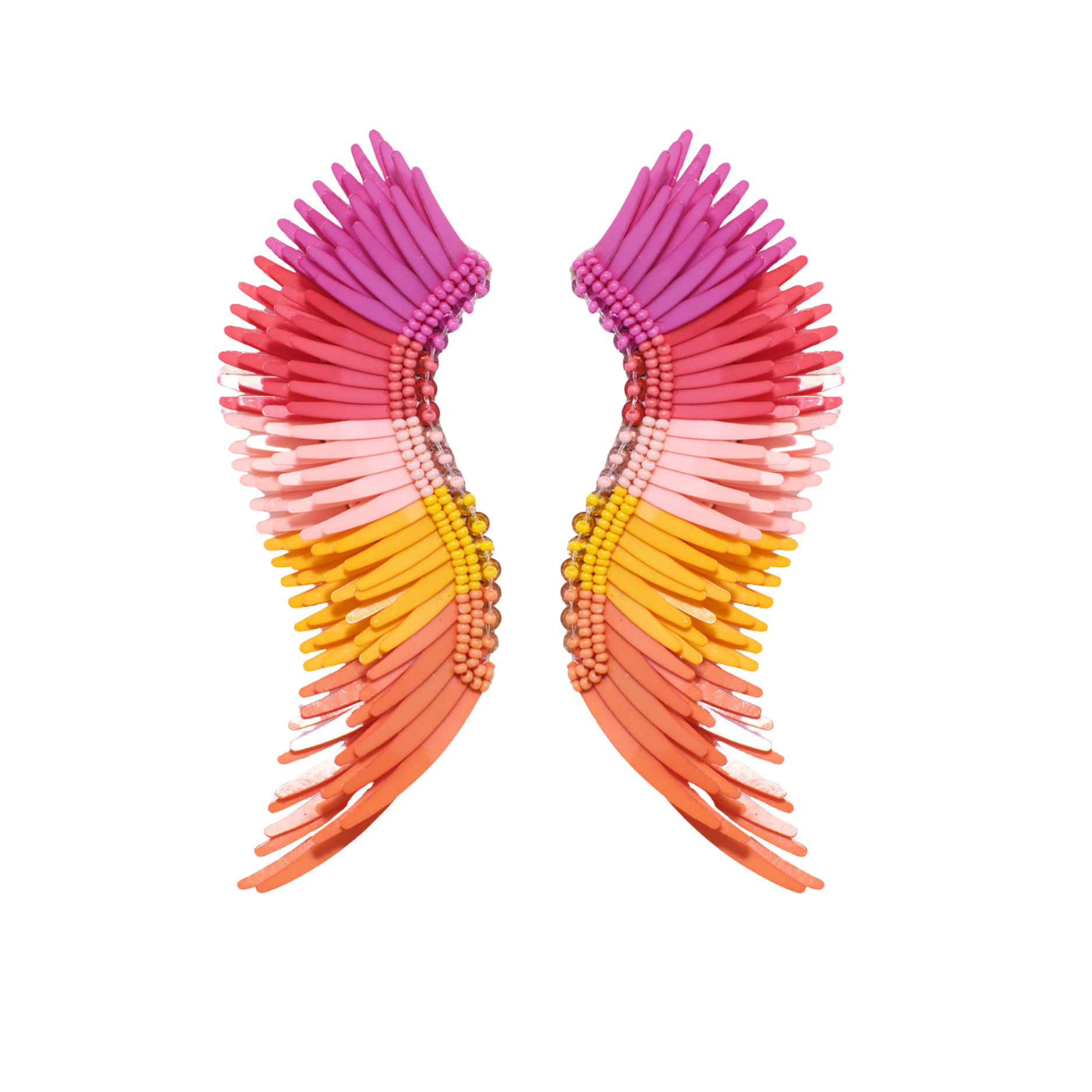 Pink, Yellow, and Orange Sequin Wing Earrings on Flat White Background