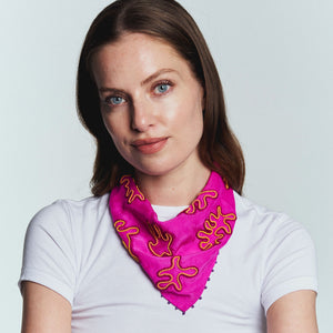 Pink and Orange Bead Embroidered Bandana Styled on Model