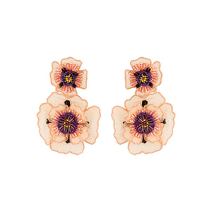 Pink and Purple Double Drop Flower Earrings on Flat White Background