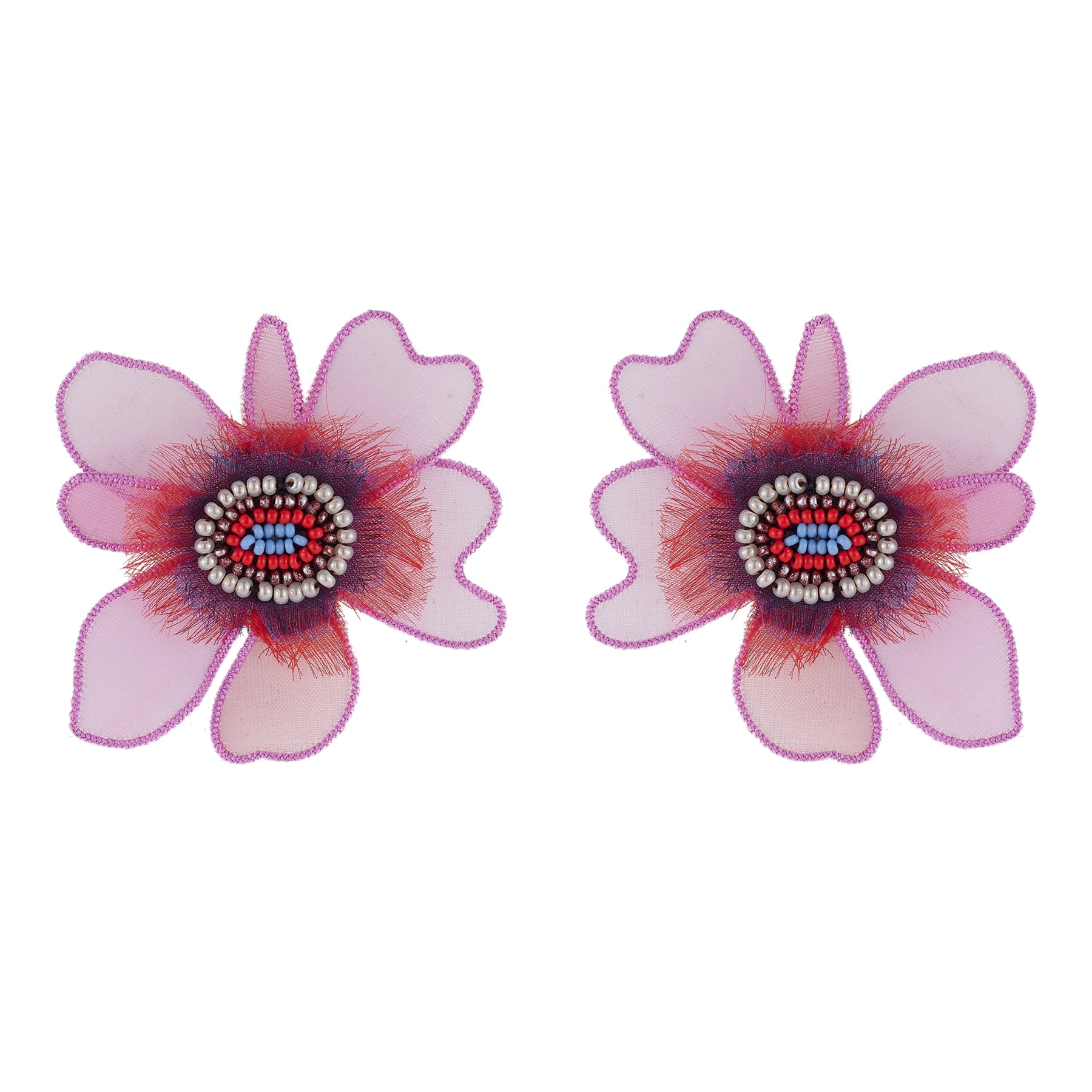 Pink and Red Bead Embroidered Flower Stud Earrings on White Background