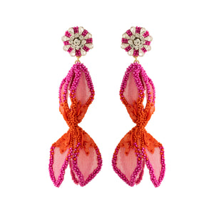 Pink and Red Beaded and Embroidered Flower Earrings on Flat White Background