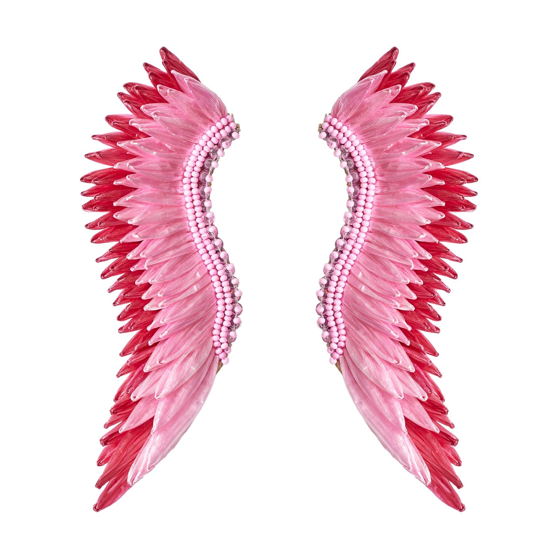 Pink and Red Raffia Sequin Wing Earrings on Flat White Background