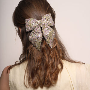 Yellow and Pink Crystal Hair Bow Styled on Model