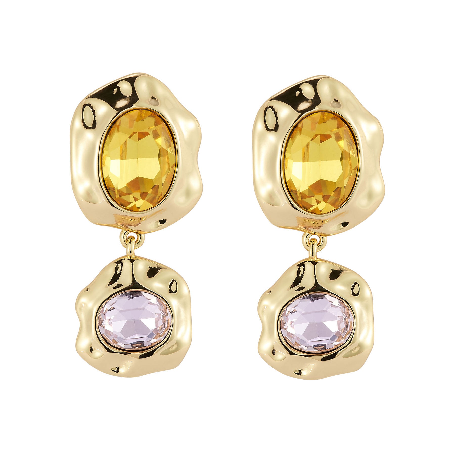 Gold earrings with yellow and pink gemstones on a white background