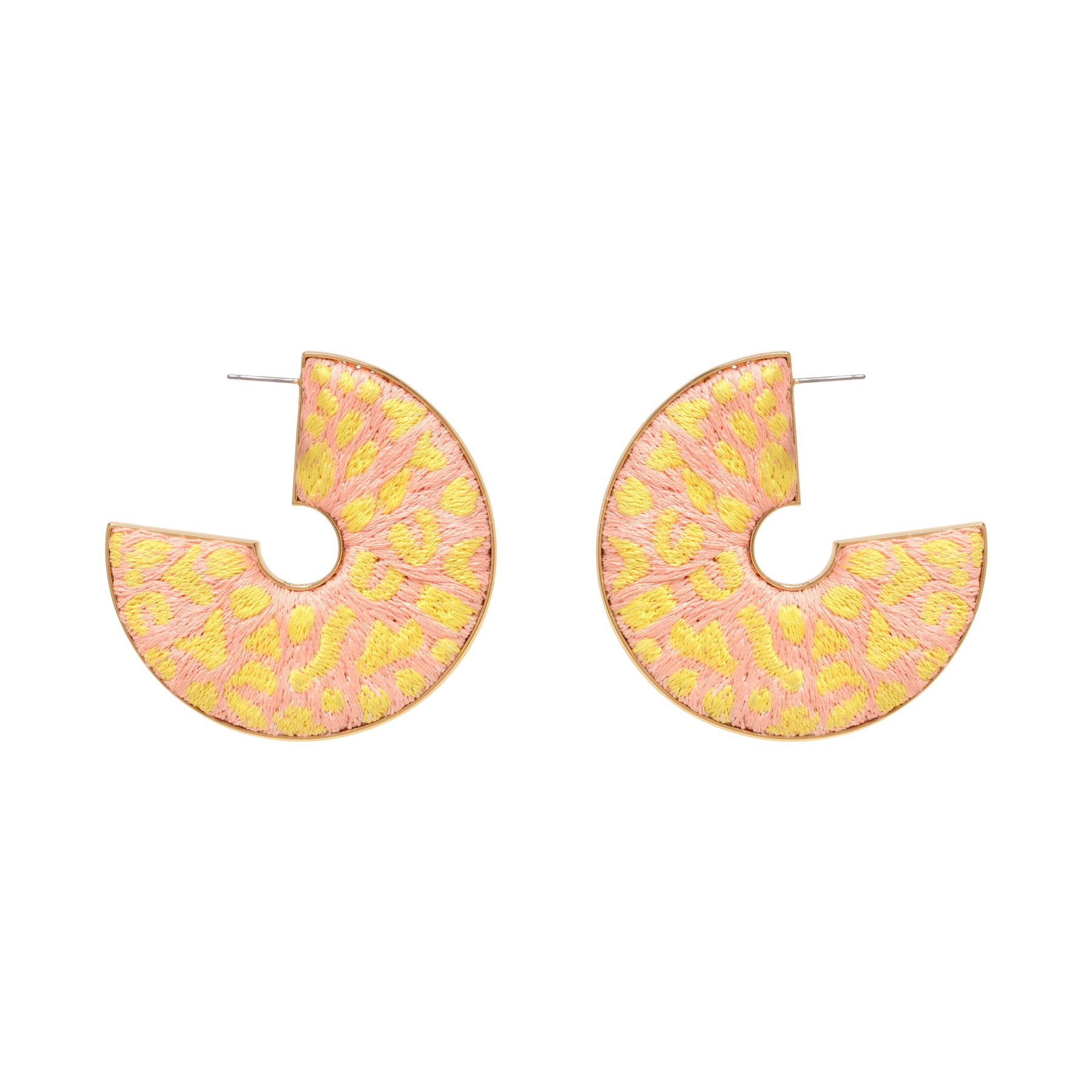 Pink and Yellow Embroidered Leopard Hoops on Flat White Background