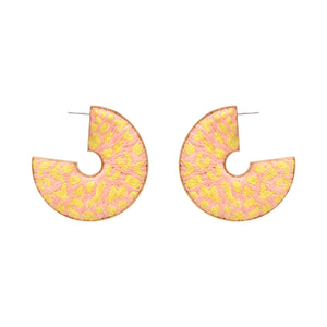 Pink and Yellow Embroidered Leopard Hoops on Flat White Background