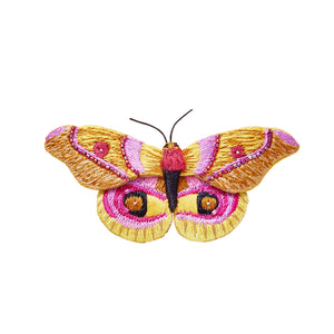 Yellow, Pink, Orange Beaded and Embroidered Butterfly Brooch on White Background