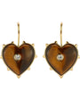 Semi Precious Tiger's Eye heart shaped drop earrings against a white background