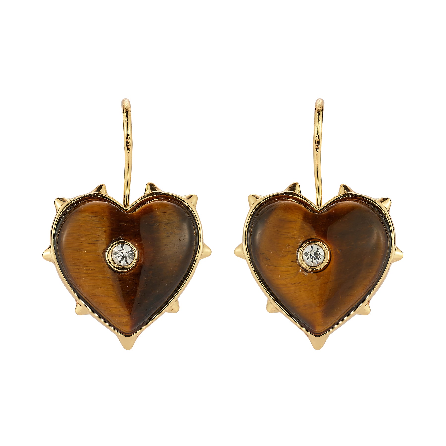 Semi Precious Tiger's Eye heart shaped drop earrings against a white background