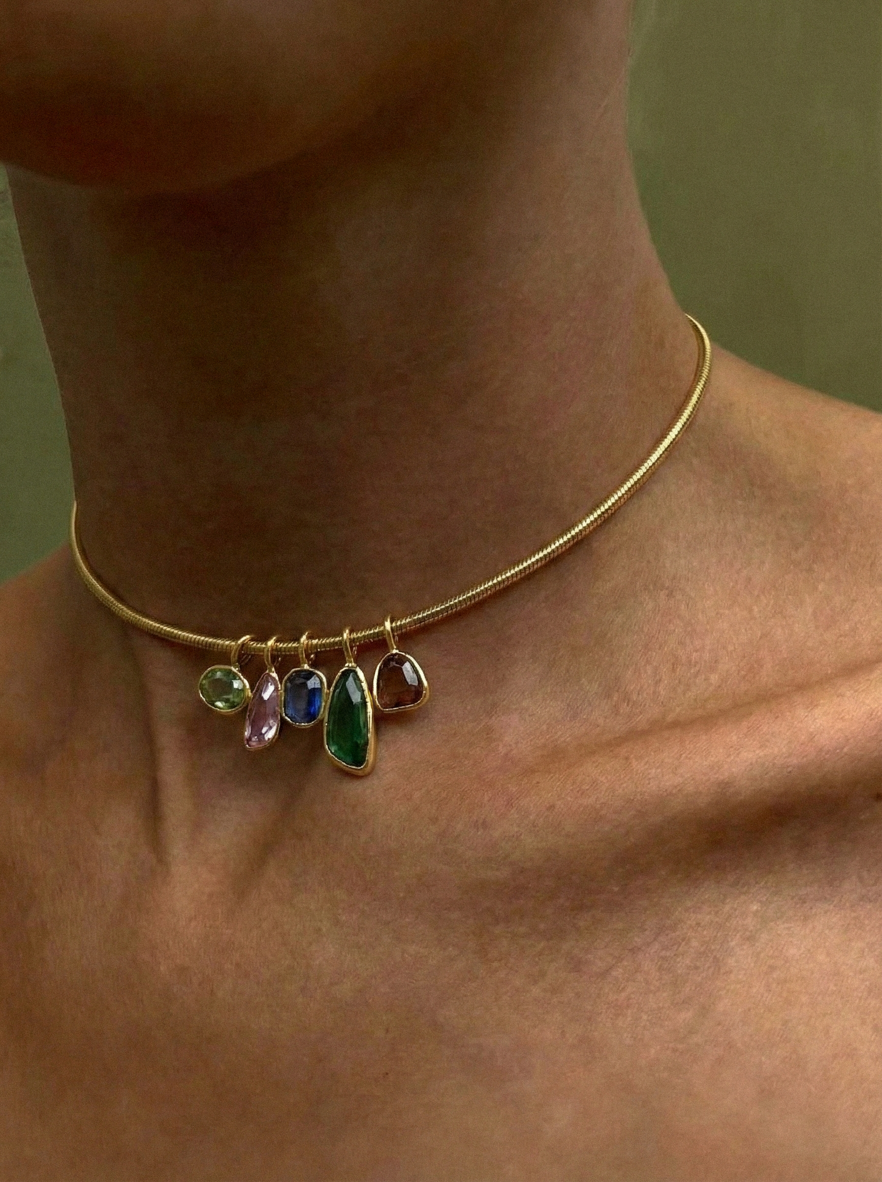 Model Wearing multi colored statement necklace