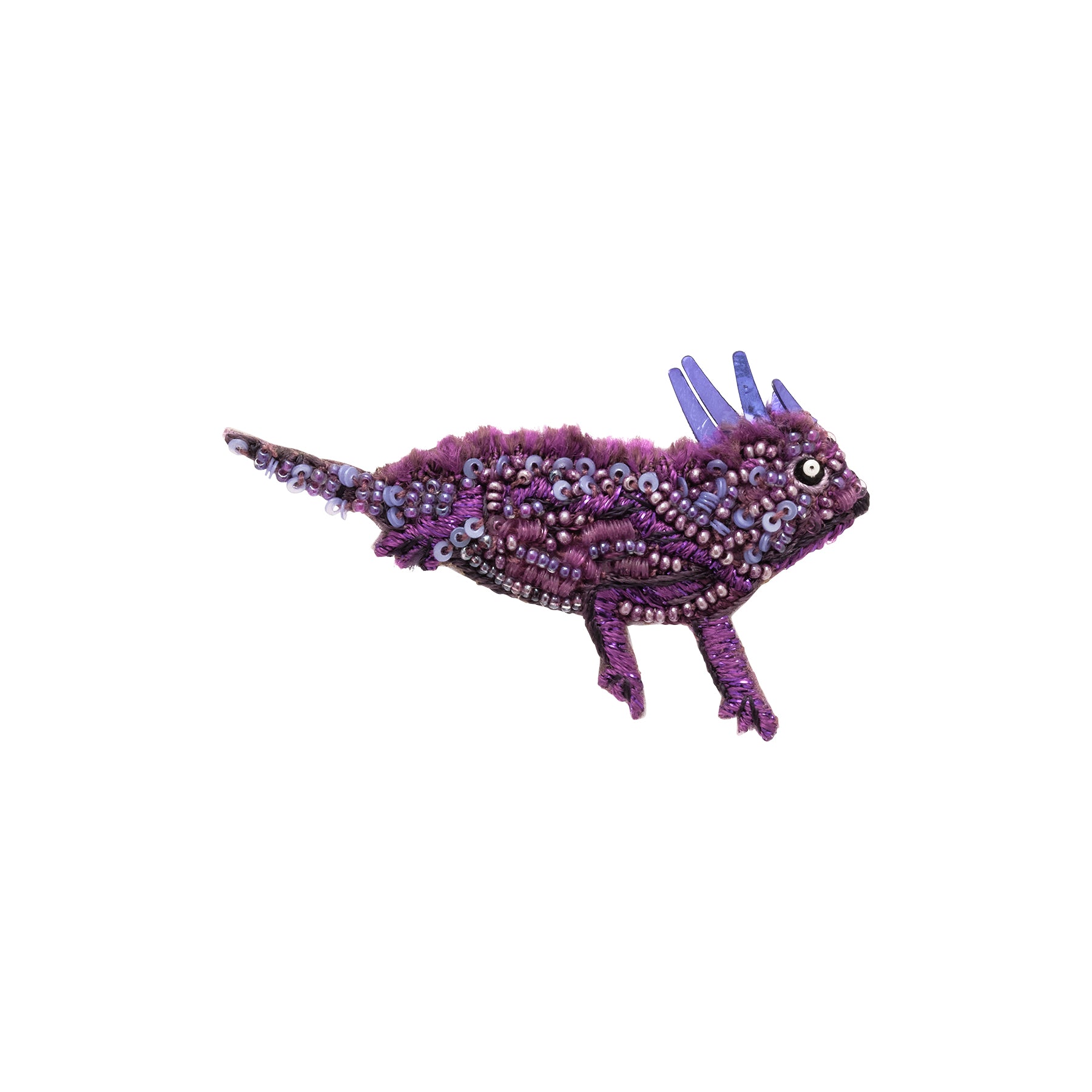 Purple Beaded and Embroidered Horned Frog Brooch on Flat White Background