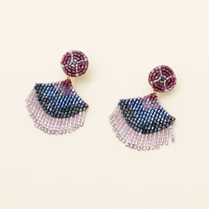 Purple and Blue Beaded Double Drop Earrings on Tan Background