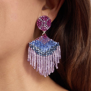 Purple and Blue Beaded Double Drop Earrings on Model's Ear