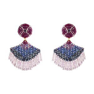 Purple and Blue Beaded Double Drop Earrings on Flat White Background