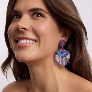 Purple and Blue Beaded Double Drop Earrings on Model