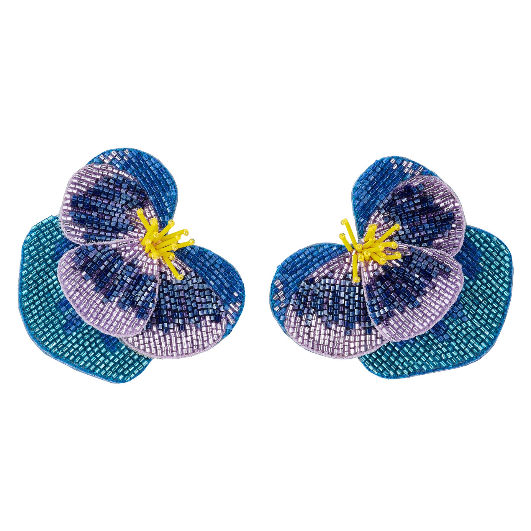 Purple, Blue, and Yellow Beaded Pansy Flower Stud Earrings on Flat White Background